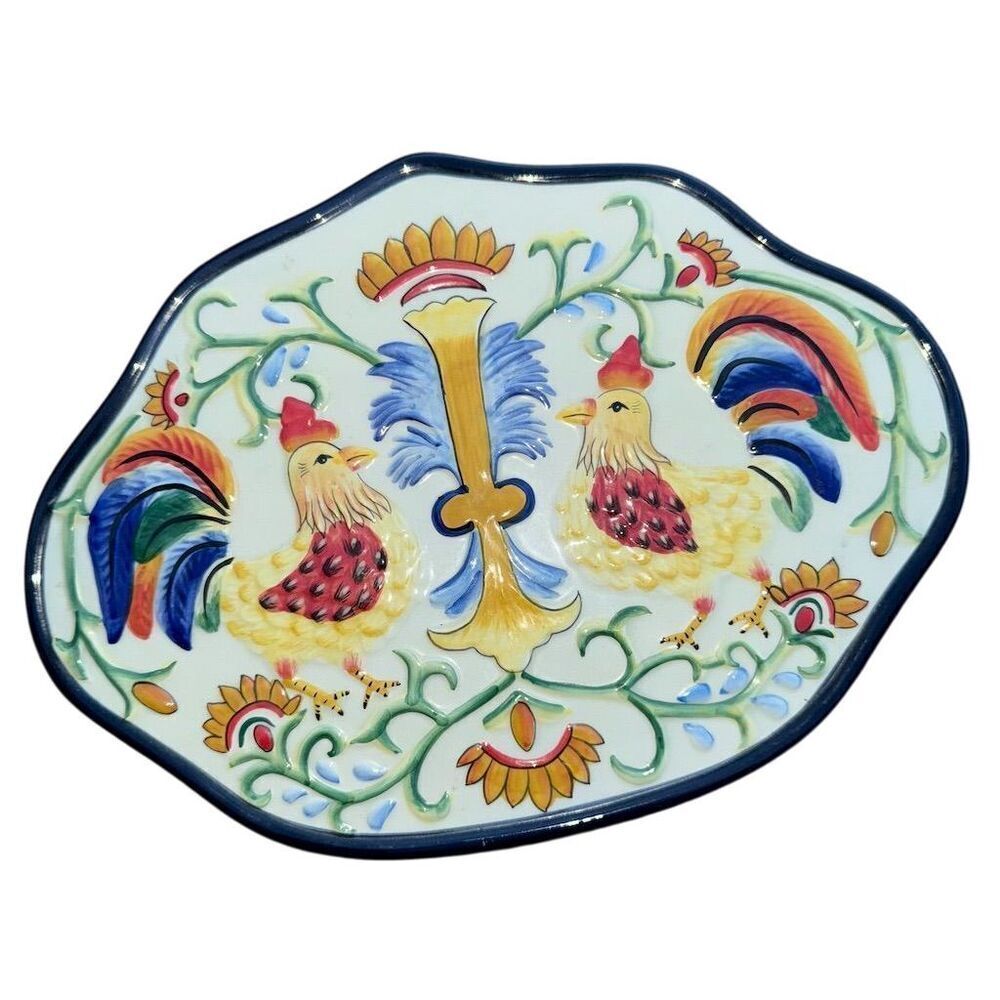 Fitz and Floyd Multicolor Rooster Oval Platter Ricamo Pottery